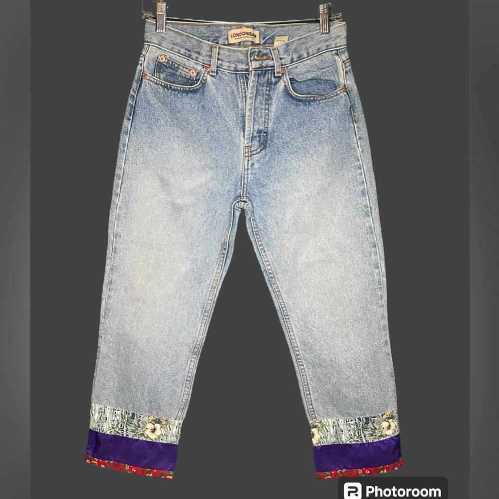 Vintage boho London jeans with flaw patchwork bottom hem